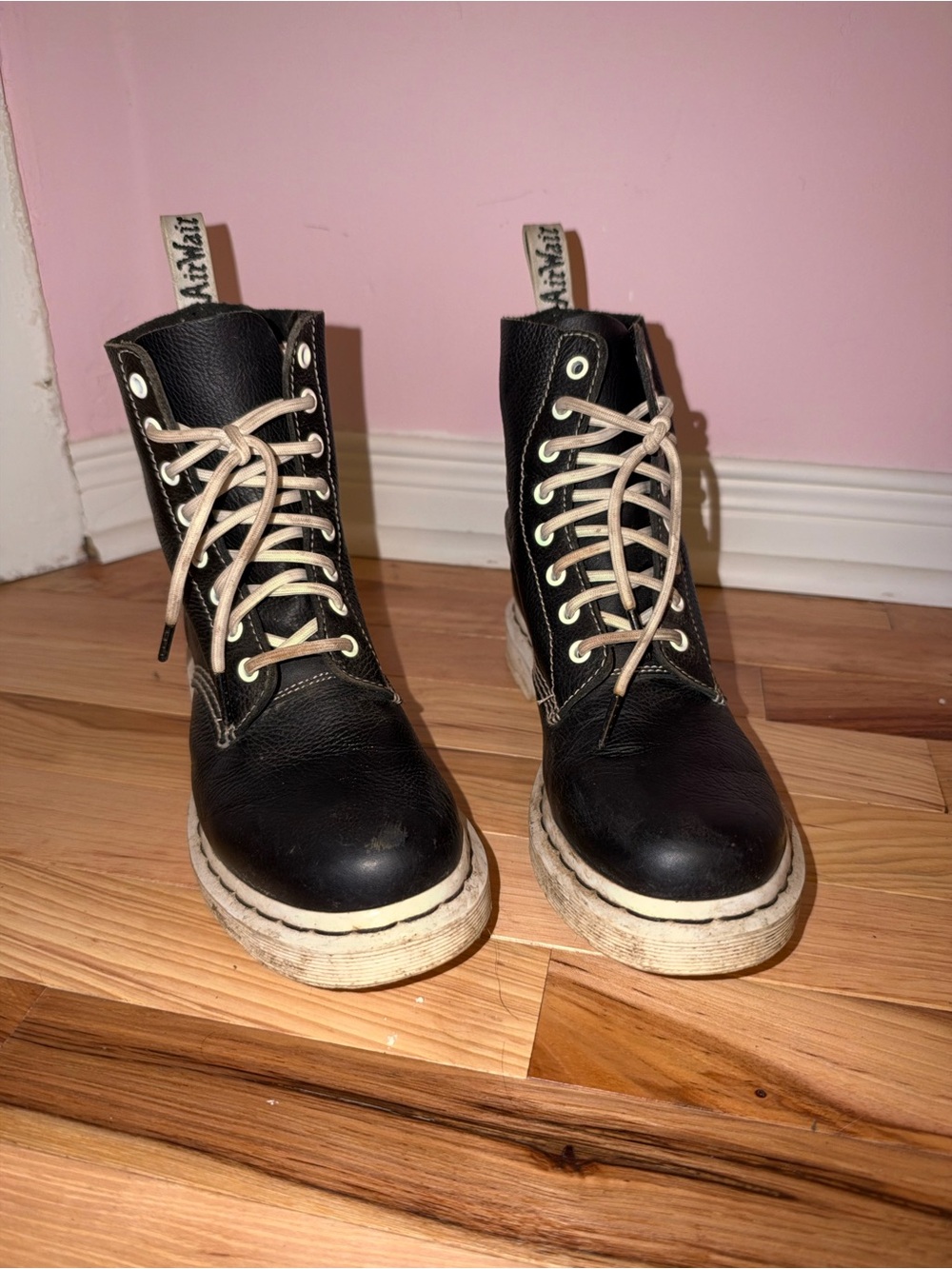 Doc Marten’s Lace-Up Leather Combat Boots with White Sole - Women